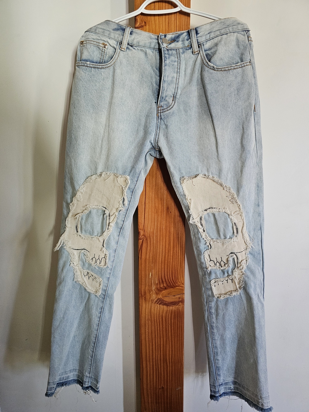 MNML Light Blue Slim Straight Jeans with Skull Knee Appliqués